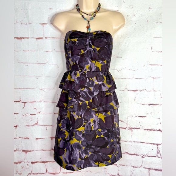 J. CREW 4 Floral Tiered Ruffle Strapless Grey Olive Layered Mini Cocktail Dress - Picture 9 of 14